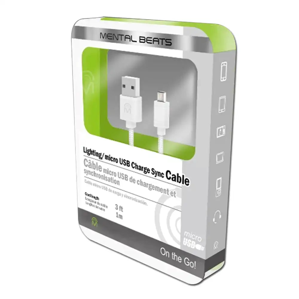 Mental Beats 3Ft Micro USB Mesh Braided Cable White - 00569
