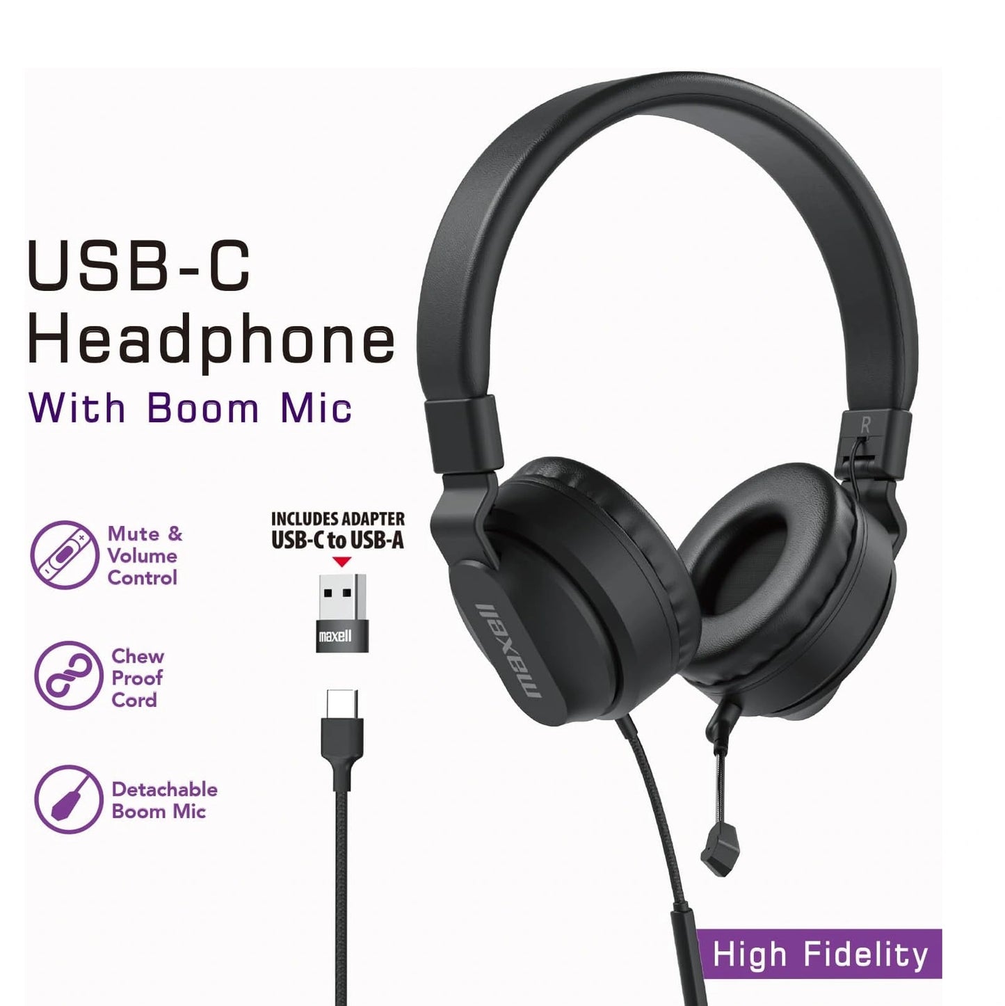 Maxell USB-C Headphone With Boom Mic USB-A Adapter Model HPBMT1