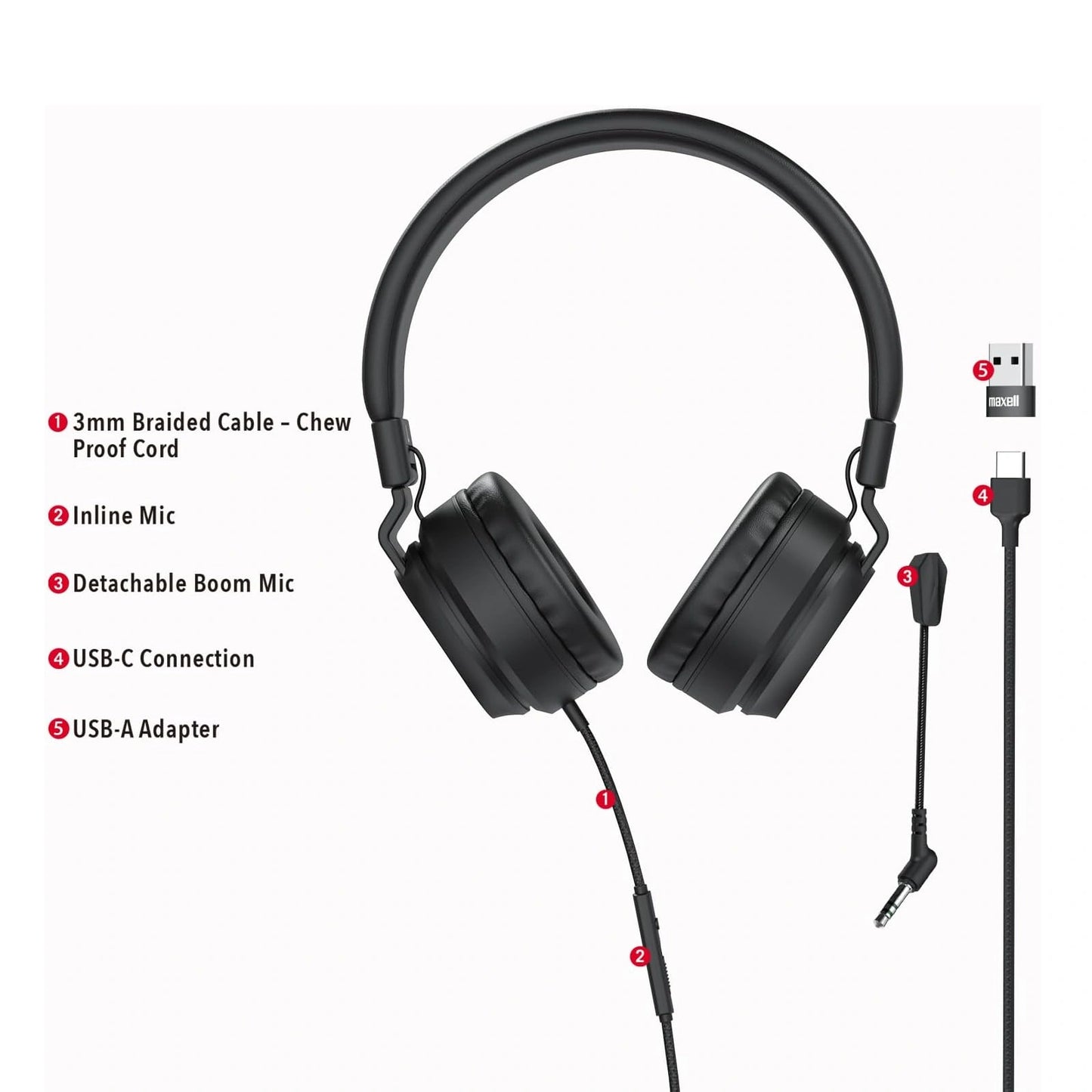 Maxell USB-C Headphone With Boom Mic USB-A Adapter Model HPBMT1