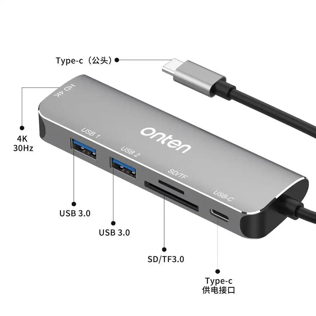 Onten 6 in 1 Type-C Multifunction Dock Station Hub 2x USB 3.0, SD/TF Card Reader, HDMI, Type-C PD Port - Grey