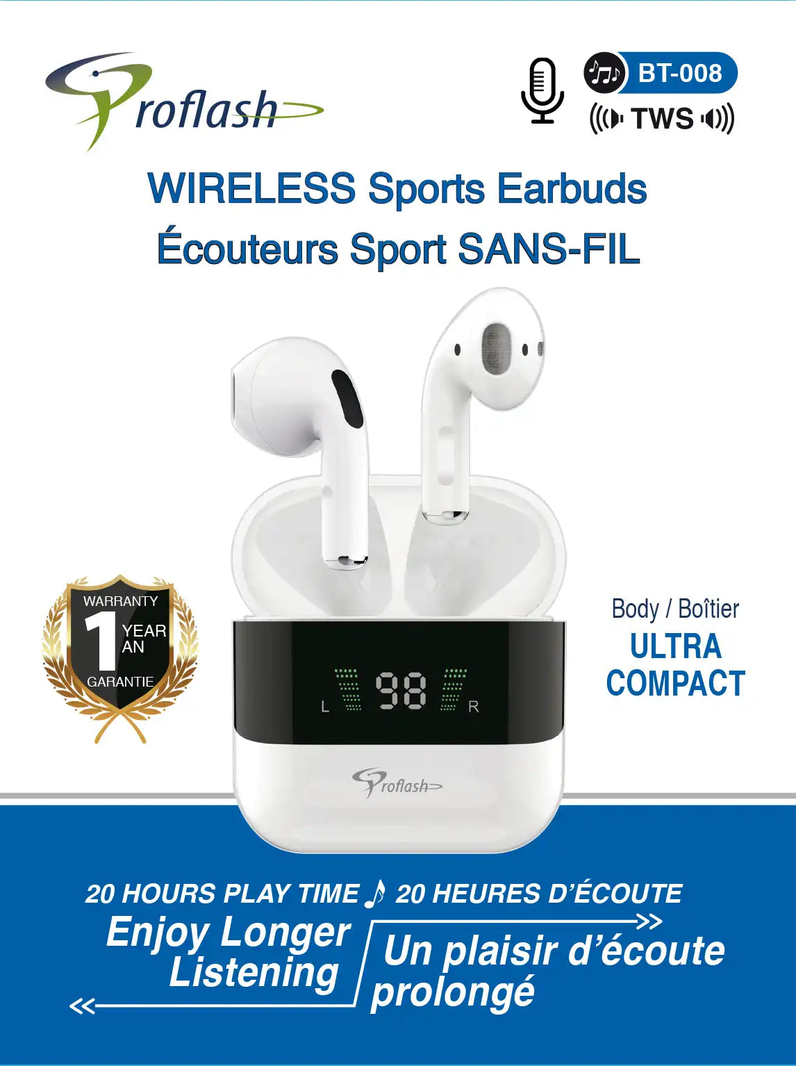Proflash Wireless Earphones With Smart Display - Model: BT-008