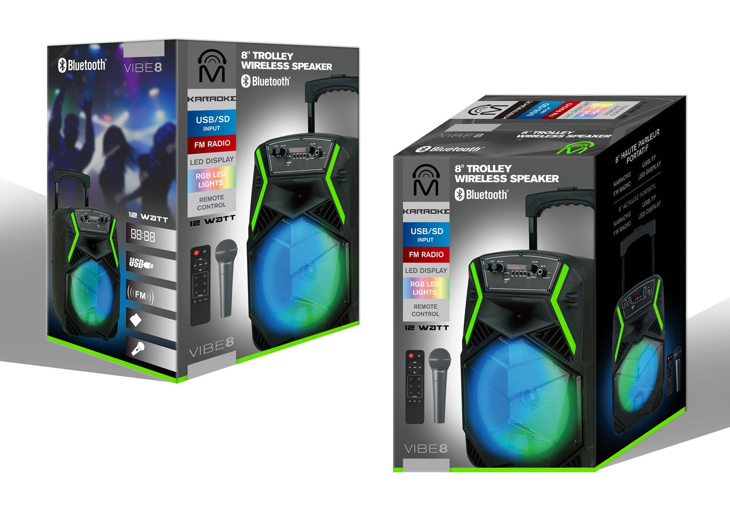 Trolley 8 TWS Party Karaoke Portable Speaker, Bluetooth 5.0 - Black & Green - 23846