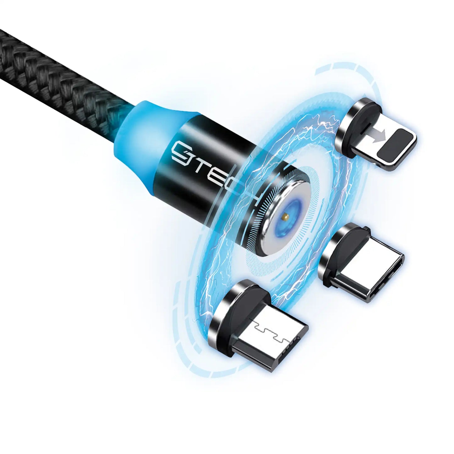 6 Feet Magnetic 3-in-1 Charging Cable - USB to Micro USB, Type-C & Lightning Black (LED, Nylon Braided)