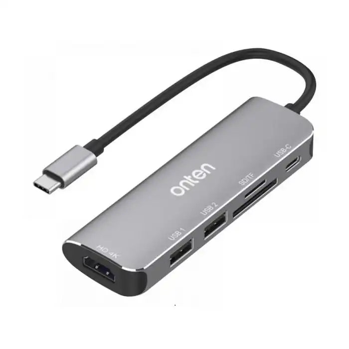 Onten 6 in 1 Type-C Multifunction Dock Station Hub 2x USB 3.0, SD/TF Card Reader, HDMI, Type-C PD Port - Grey