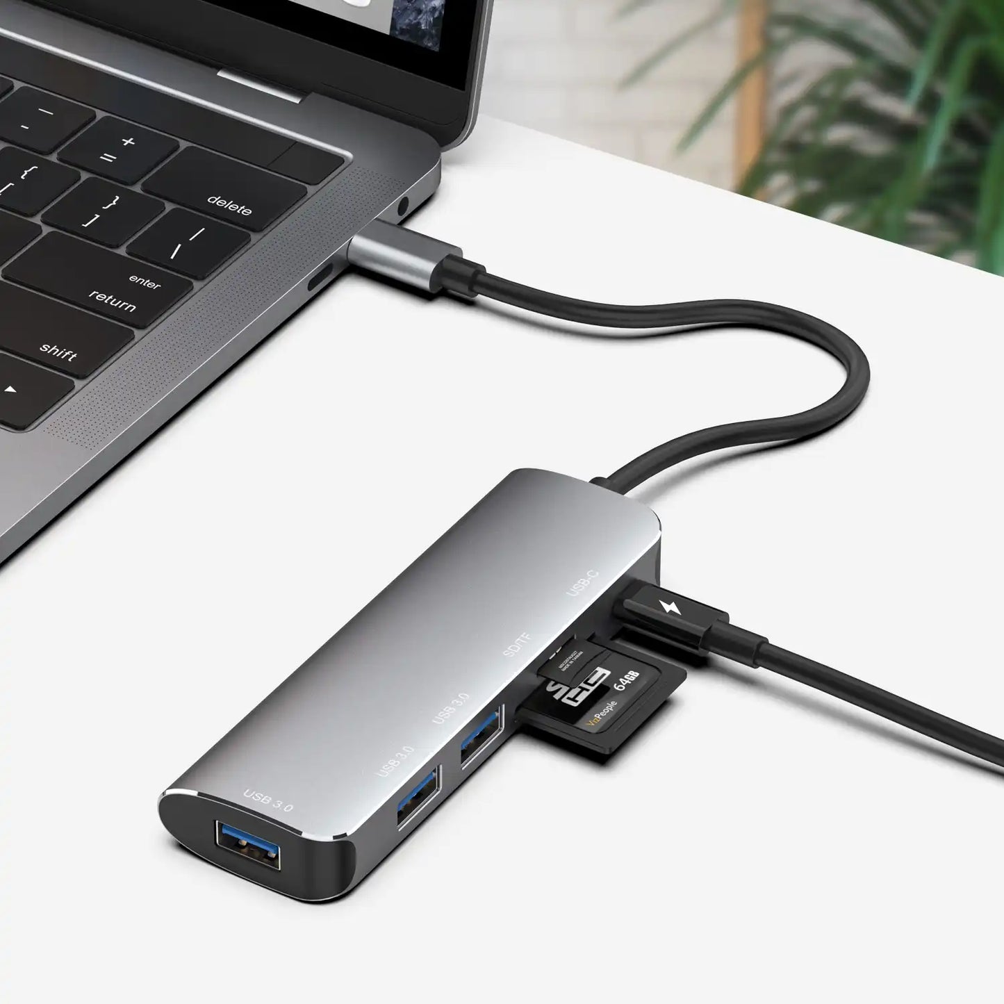 Onten 6 in 1 Type-C Multifunction Dock Station Hub 2x USB 3.0, SD/TF Card Reader, HDMI, Type-C PD Port - Grey