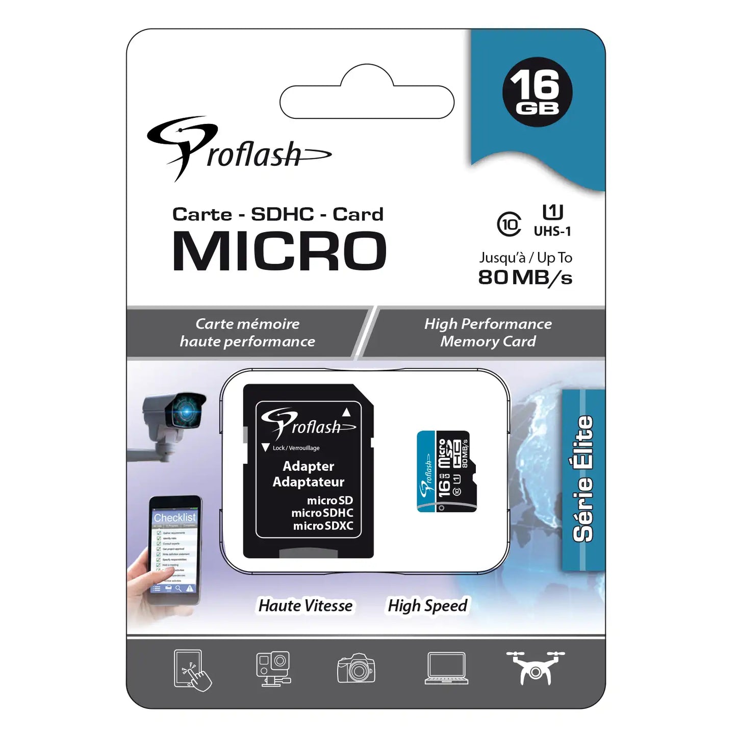 Proflash 16 GB Micro-SDHC Memory Card Class 10 UHS-I, 80 MB/s High-Speed with SD Adapter