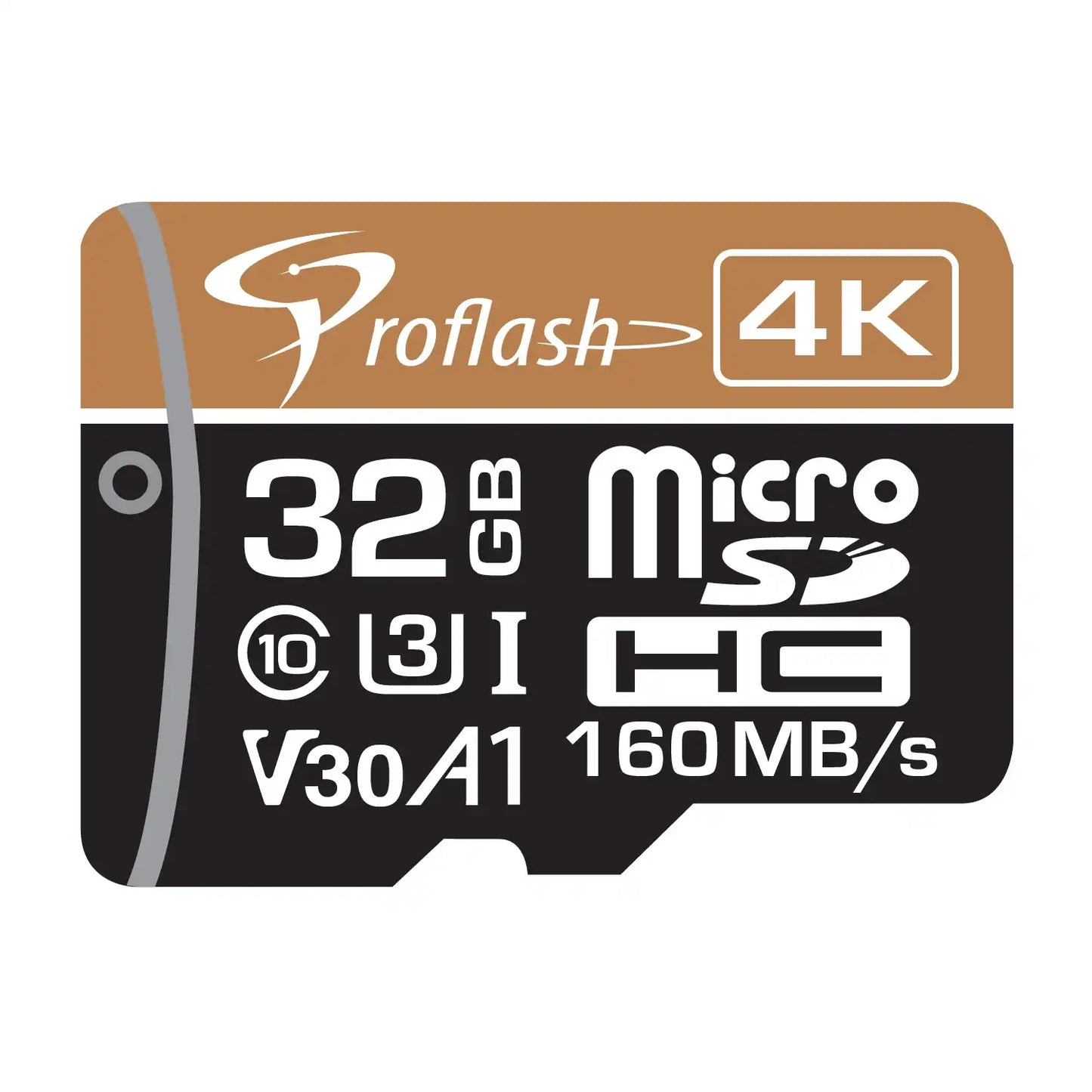 Carte mémoire microSDXC ProFlash 32 Go, compatible 4K Ultra HD, classe 10 UHS-I V30 A1, transfert haute vitesse 160 Mo/s, avec adaptateur SD.