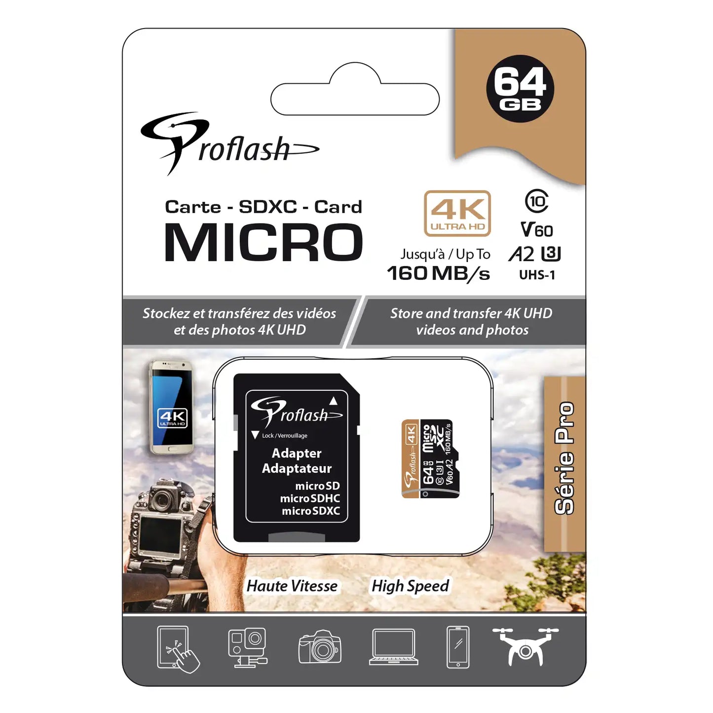 Carte mémoire microSDXC ProFlash 64 Go – 4K Ultra HD, V30 A1, Classe 10 UHS-1, carte SD haute vitesse 160 Mo/s avec adaptateur pour appareils photo, drones et jeux vidéo
