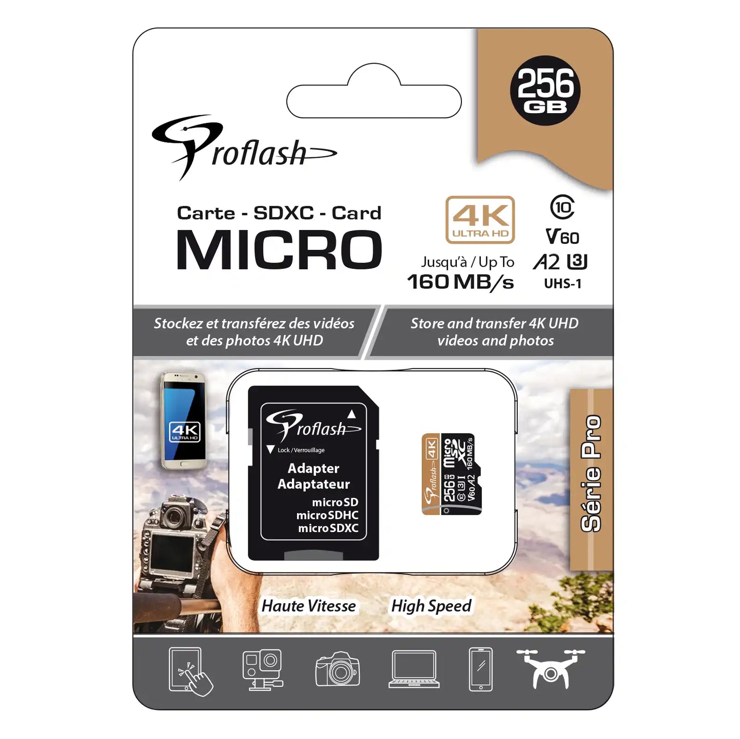 ProFlash 256GB MicroSDXC Memory Card – 4K Ultra HD, V60 A2, Class 10 UHS-1, 160MB/s High-Speed SD Card with Adapter for Cameras, Drones & Gaming