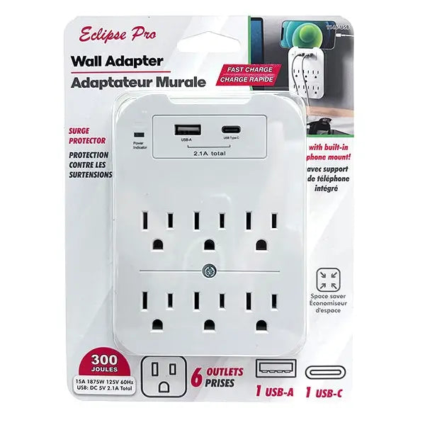 Eclipse Pro 6-Outlet Wall Adapter Surge Protector with USB-A + USB-C – 300 Joules – Built-In Phone Mount – Fast Charge (2.1A)