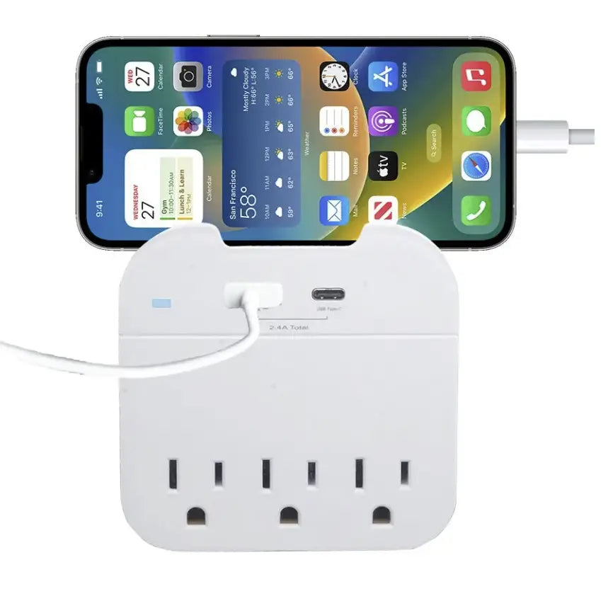 3-Outlet Wall Adapter with USB/USB-C Ports and Phone Holder