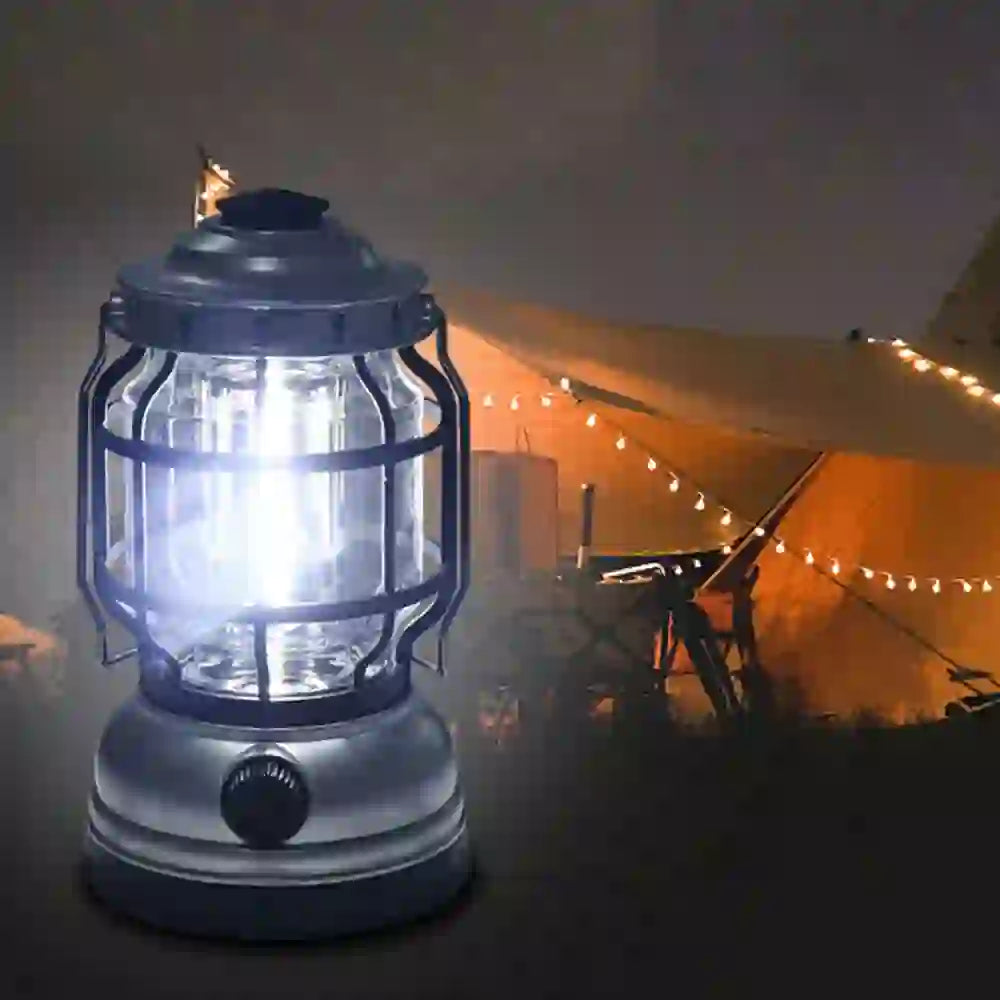 Vintage LED Camping Lantern – Rechargeable Dimmable Light (Silver Finish)
