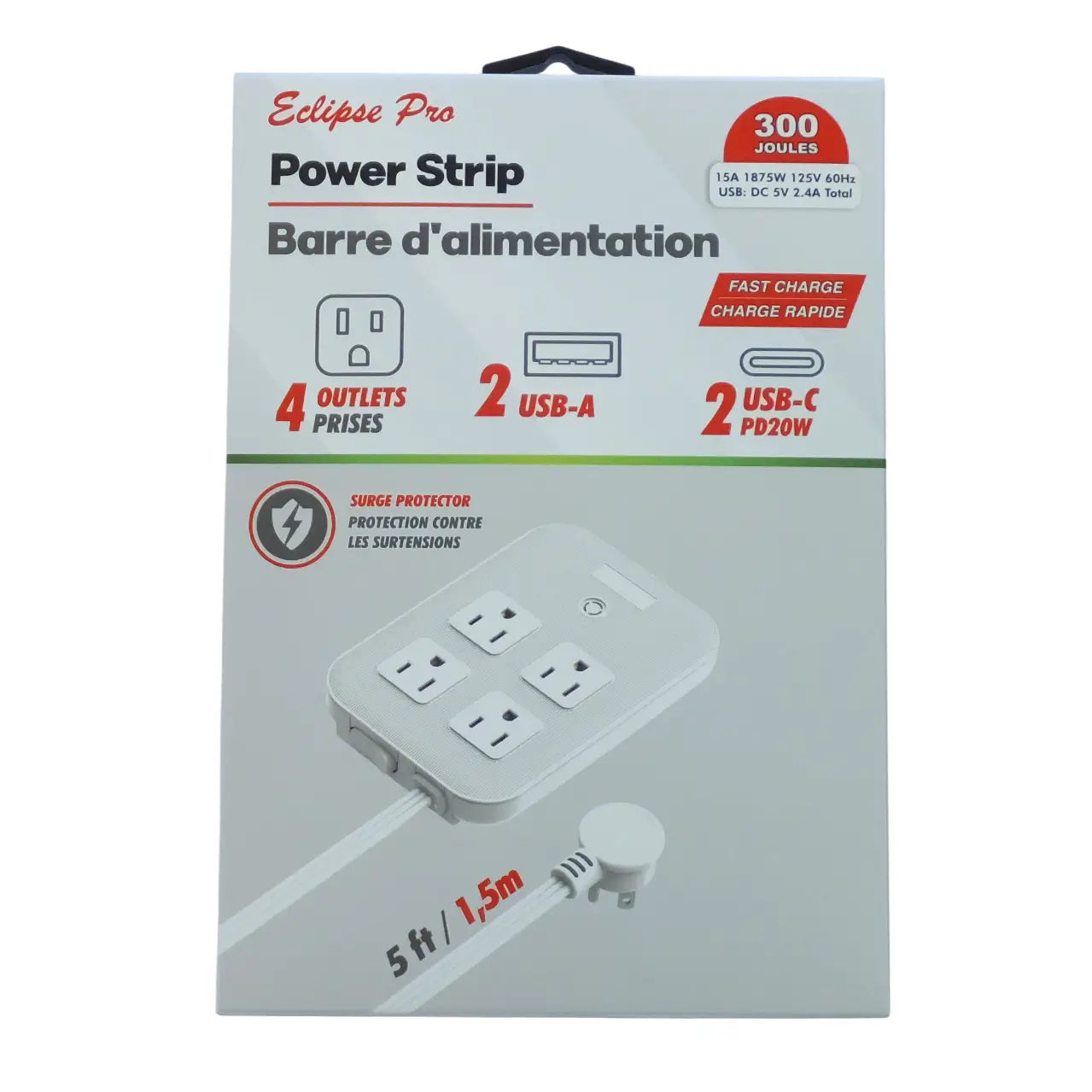 Eclipse Pro Power Strip Surge Protector – 4 Outlets + 2 USB-A + 2 USB-C (PD 20W) – 300 Joules – Fast Charge