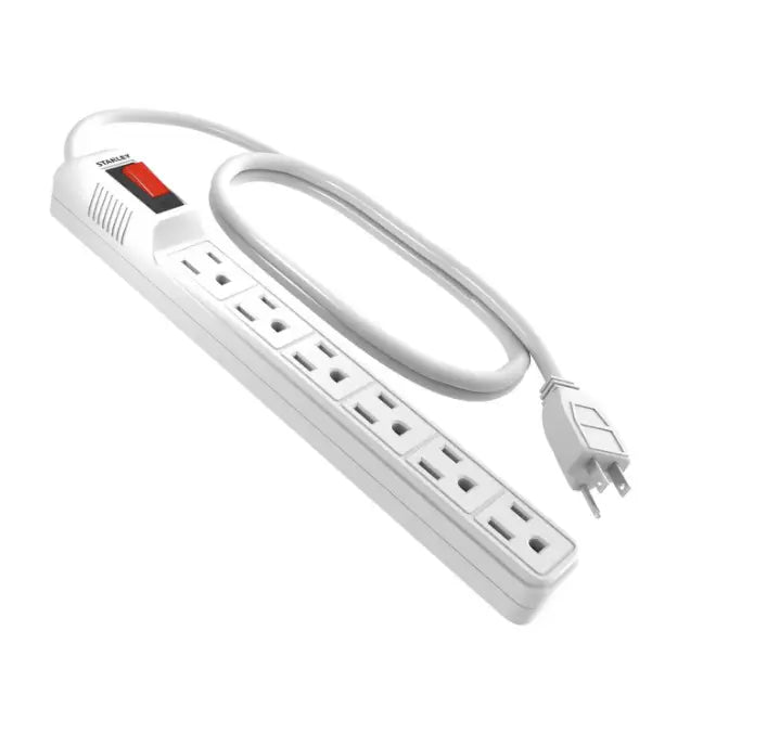 STANLEY POWERMAX 6-Outlet Power Strip with Circuit Breaker – 3 ft (91 cm) Cord – 14/3 AWG – White