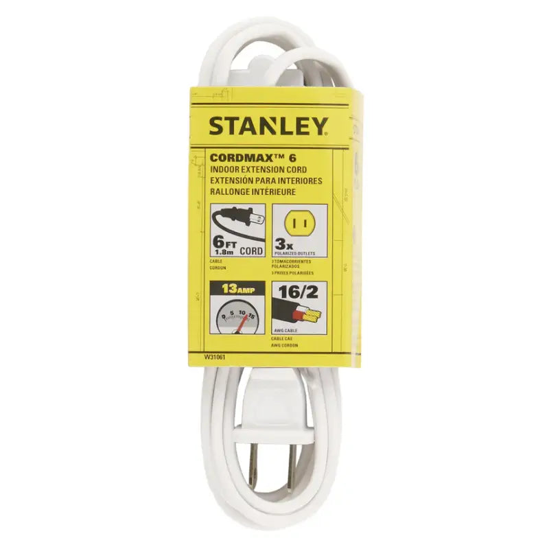 STANLEY CORDMAX 6 Indoor Extension Cord – 6 ft (1.8 m) – 3 Polarized Outlets – 13A – 16/2 AWG – White - CE-W31061