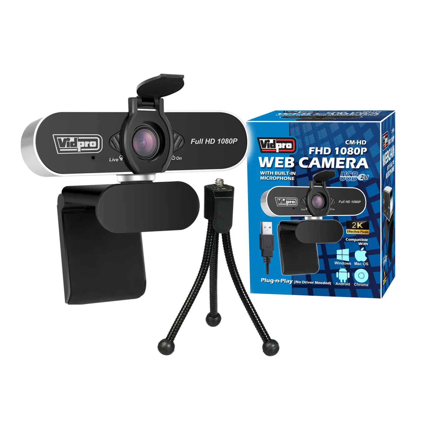 Vidpro Model CM-HD 1080P Full HD Webcam with Built-In Microphone and Mini Tripod