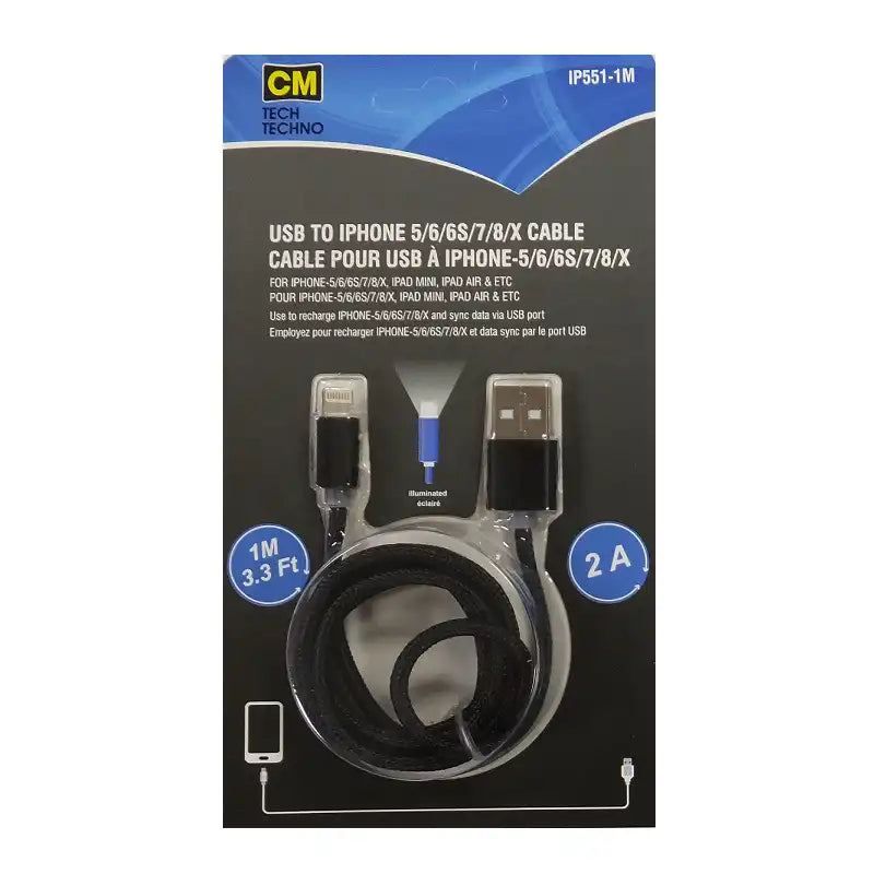 USB to Lightning Charging Cable - 1M (3.3FT) | CM Tech Techno | iPhone 5/6/7/8/X