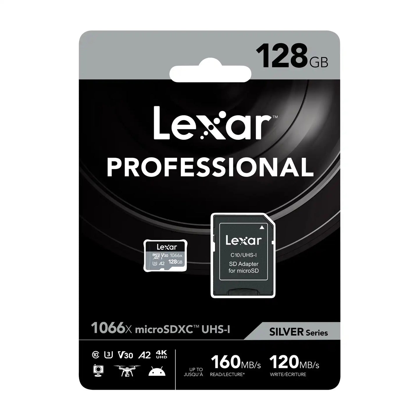 Carte mémoire microSDXC Lexar Professional 1066x UHS-I série argent avec adaptateur 128 Go / LSD1066128G-BNNNG