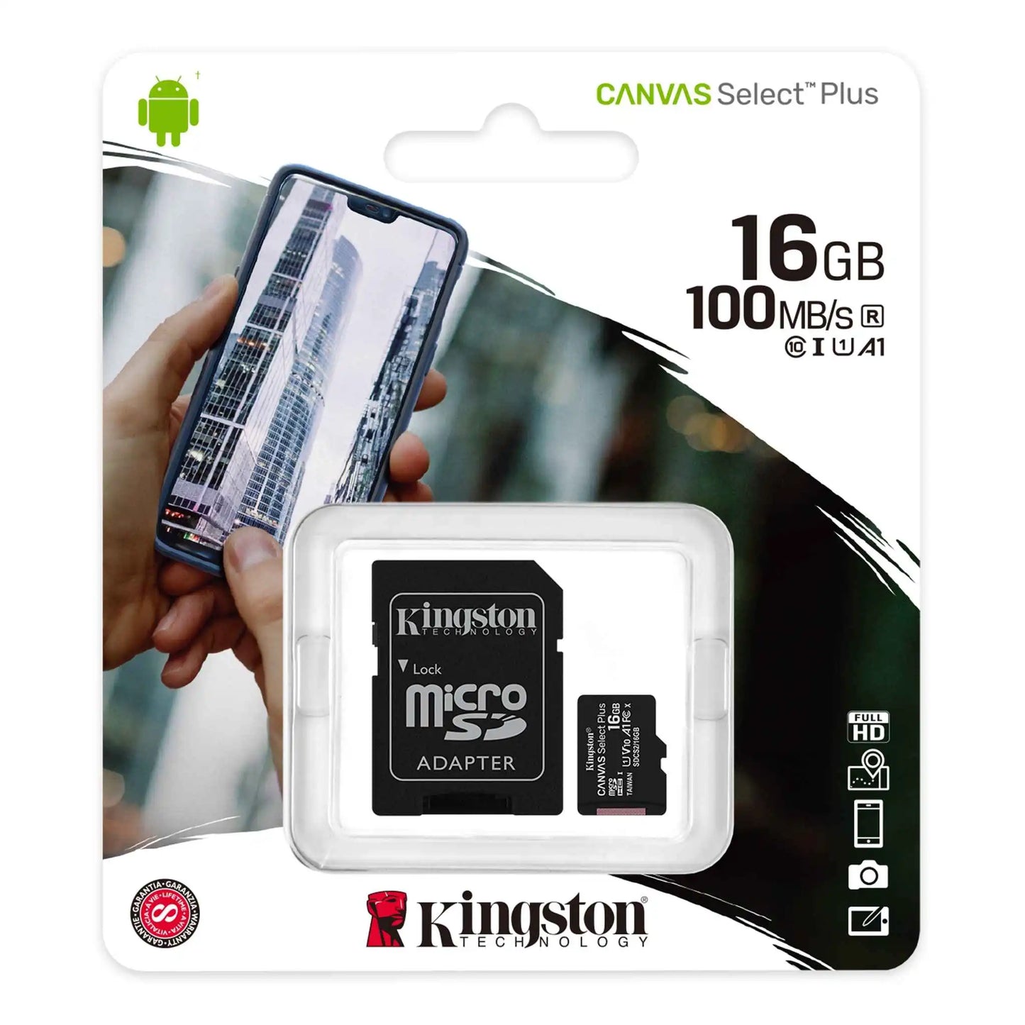 Kingston 16GB MicroSDHC Memory Card – Canvas Select Plus, Class 10, UHS-I U1 V10, 100MB/s (SDCS2/16GB)