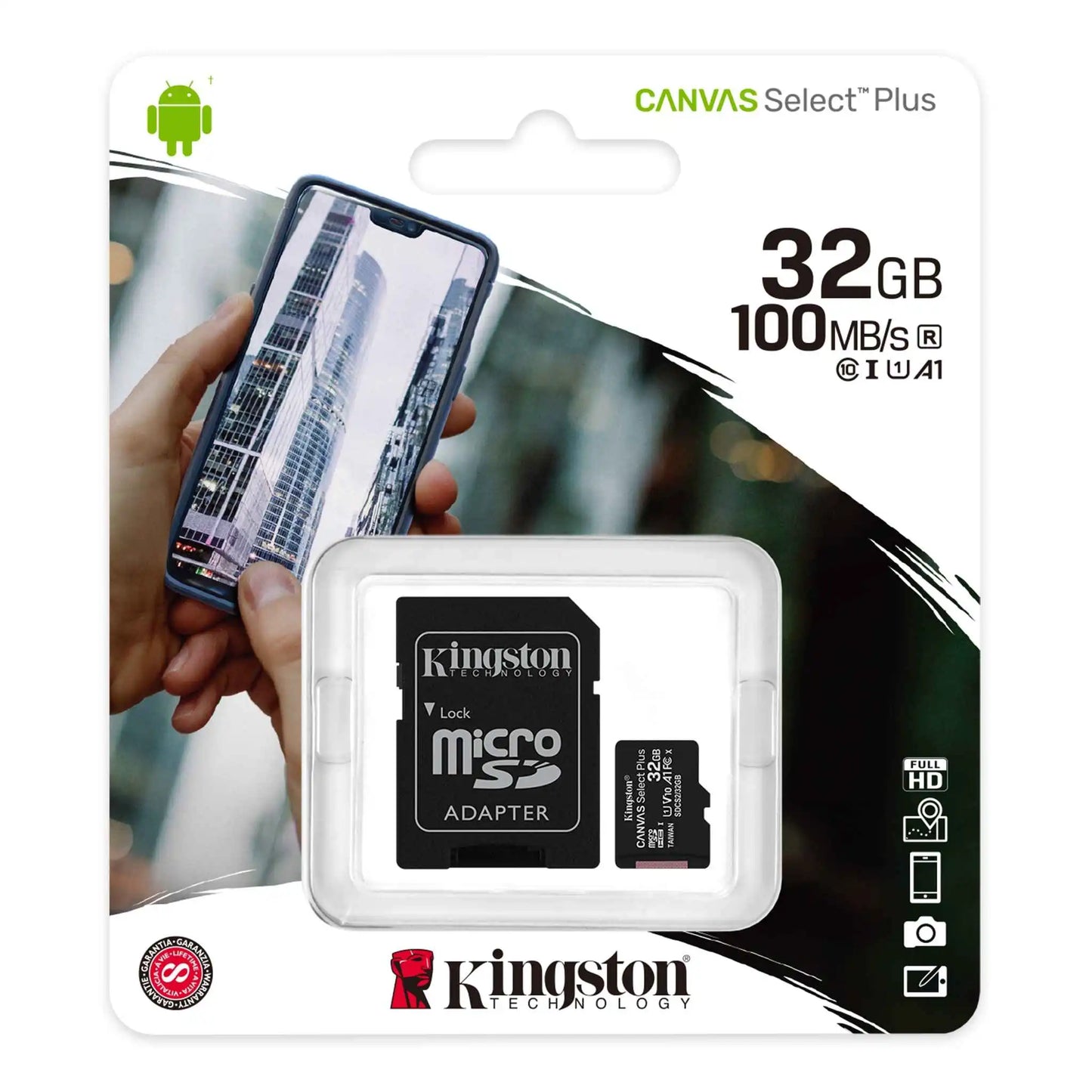 Kingston 32GB MicroSDHC Memory Card – Canvas Select Plus, Class 10, UHS-I U1 V10, 100MB/s (SDCS2/32GB)