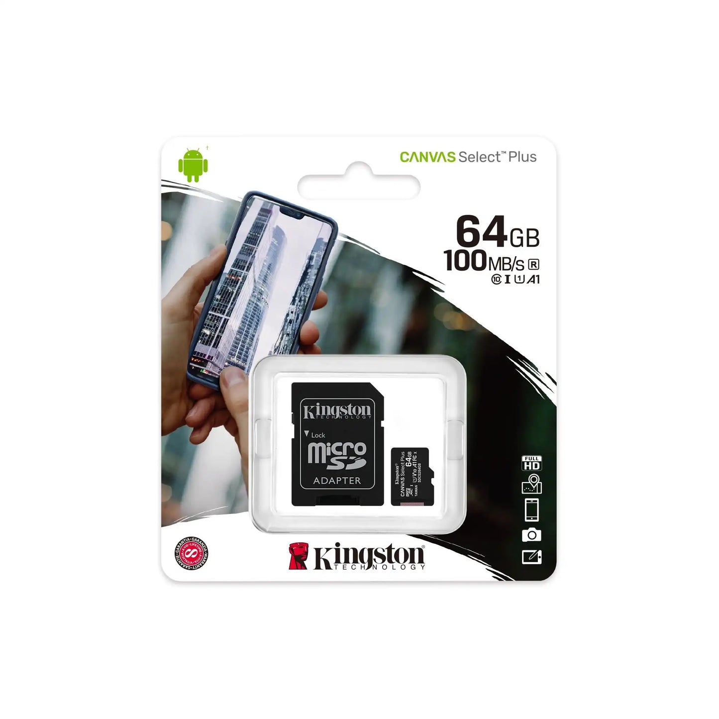 Kingston 64GB MicroSDHC Memory Card – Canvas Select Plus, Class 10, UHS-I U1 V10, 100MB/s (SDCS2/64GB)