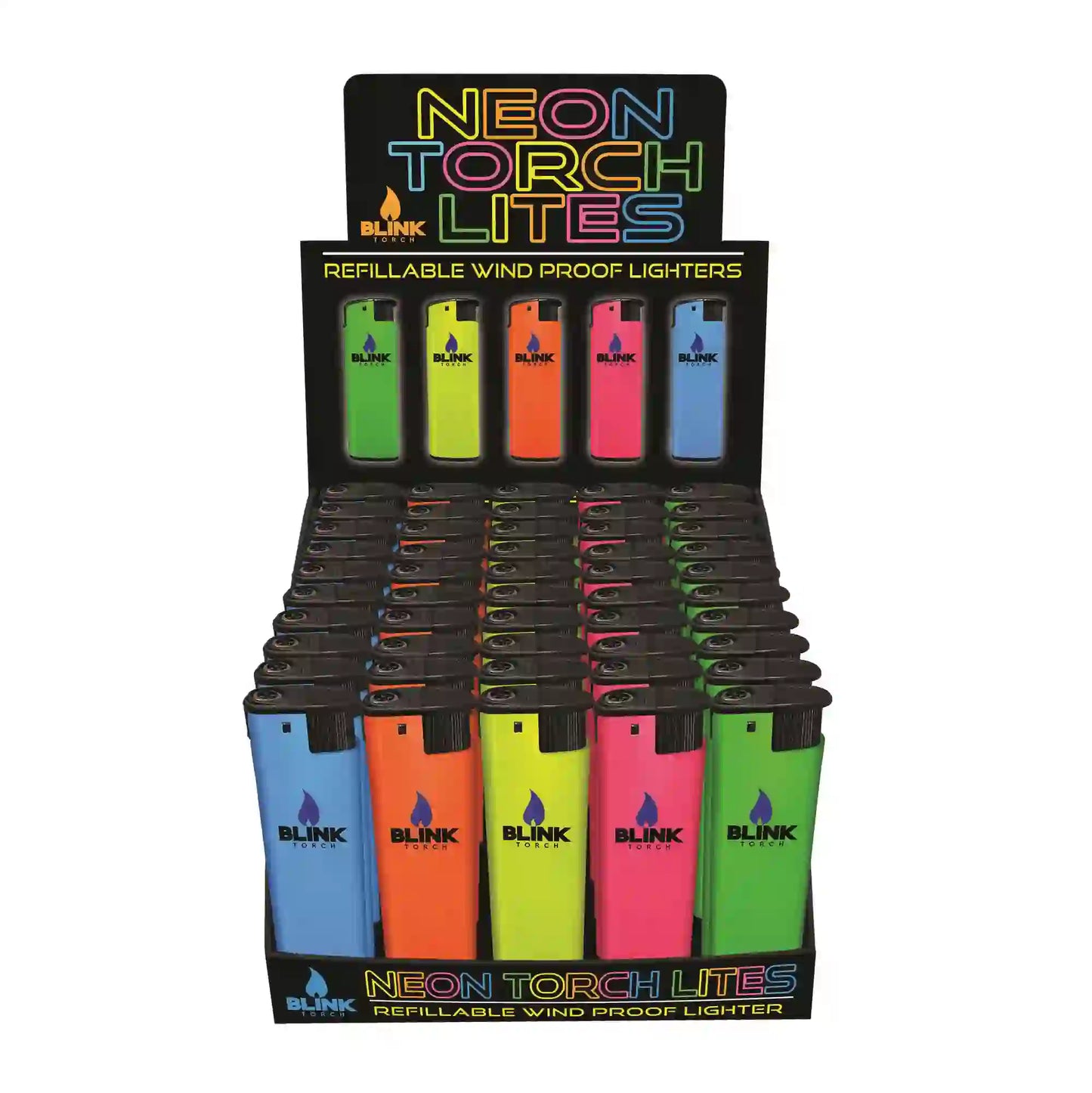 Blink Neon Windproof Refillable Torch Lighter Display 50 Pcs Color Mix