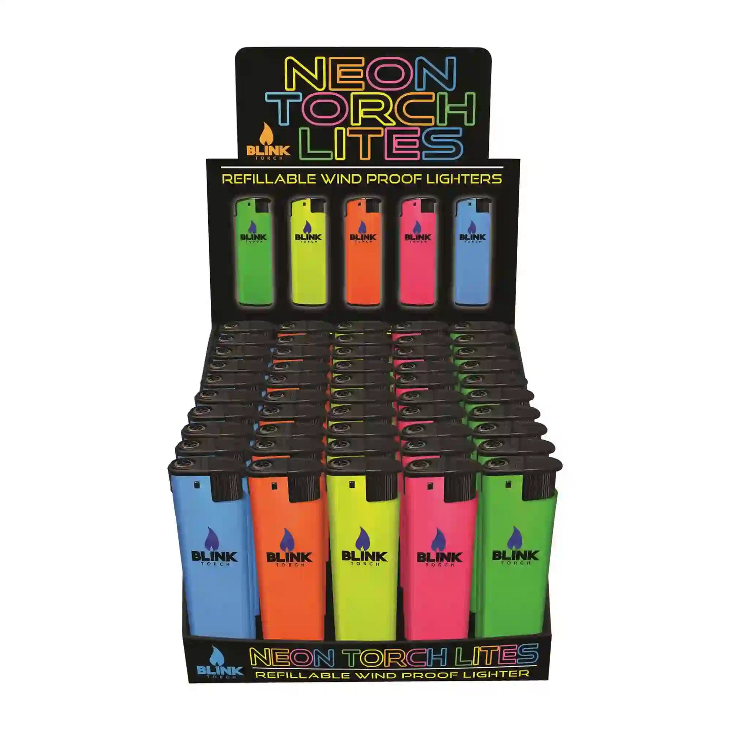 Blink Neon Windproof Refillable Torch Lighter Display 50 Pcs Color Mix