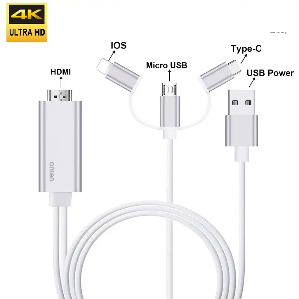 Onten 3-in-1 HDMI Cable (1.8M) – USB-C, Lightning, Micro USB - Model(OT-7537A)