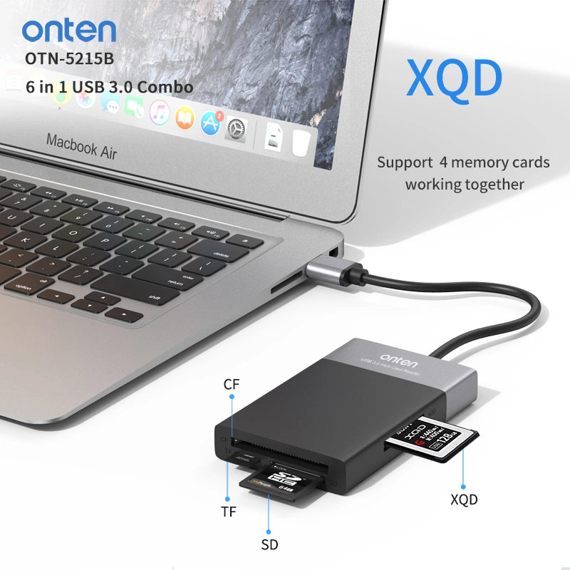 Onten 6 in 1 Multi Function Card Reader (2 USB 3.0, XQD, CF, SD, Micro-SD)