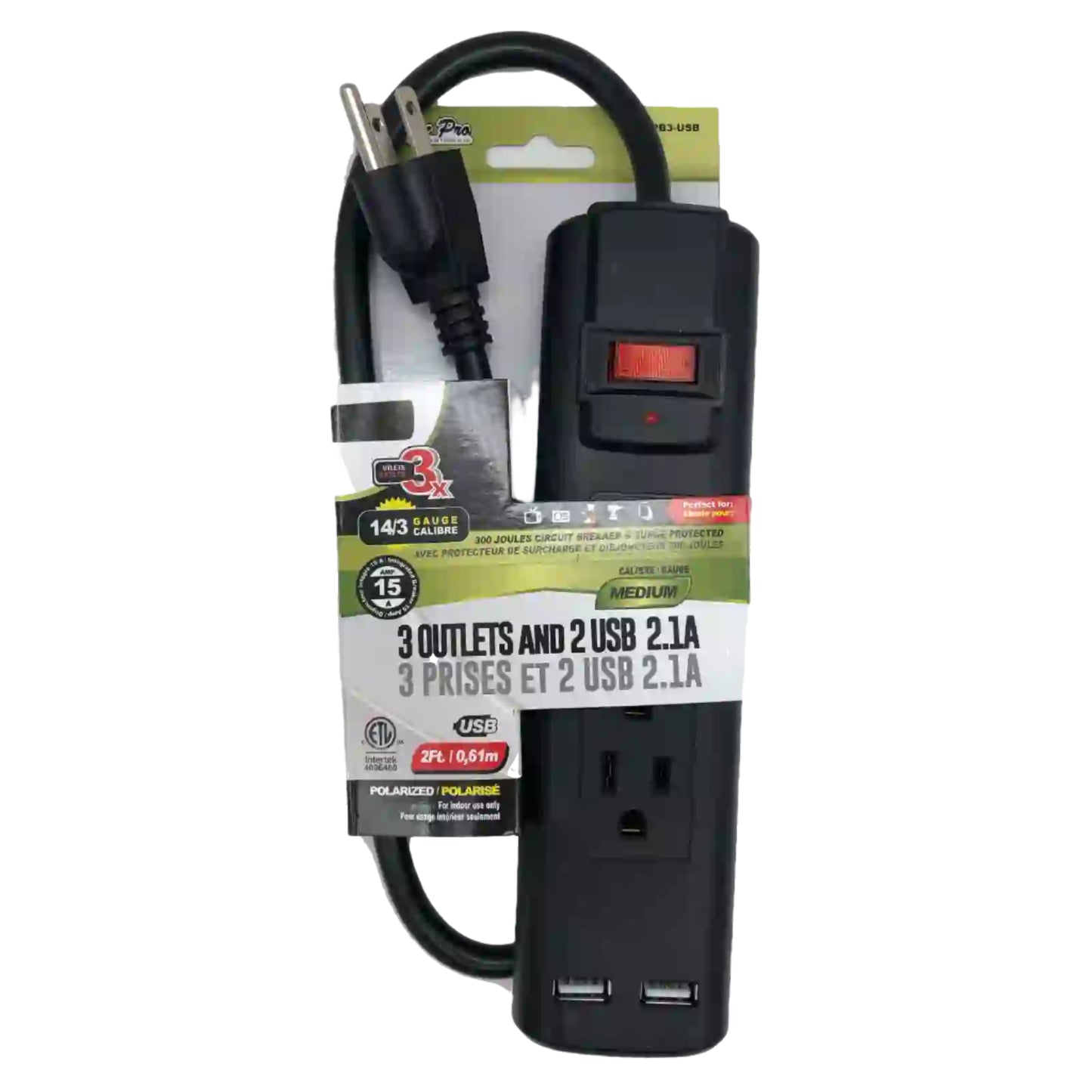 USBPower Bar 3 Outlets With 2 USB Black 2Ft, / 0,61m - CE-PB3