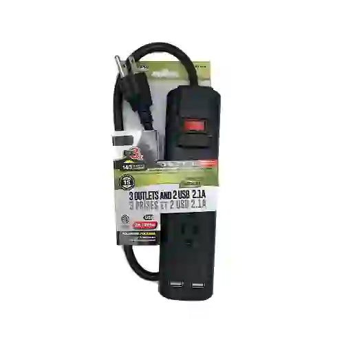 USBPower Bar 3 Outlets With 2 USB Black 2Ft, / 0,61m - CE-PB3