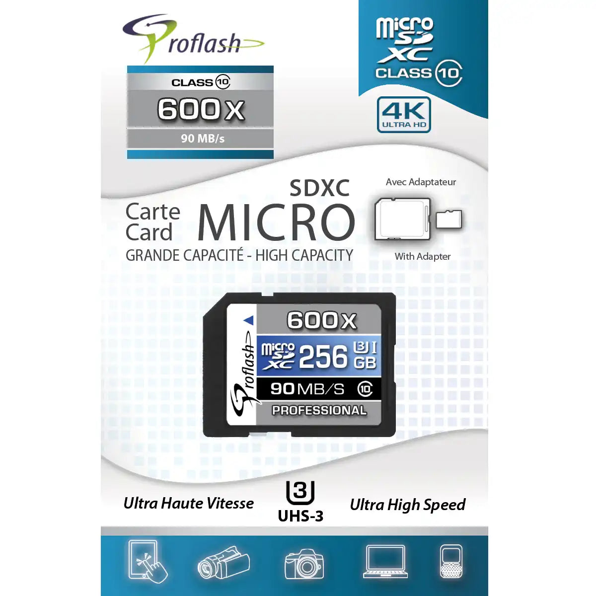 Carte mémoire Micro-SDXC 256 Go Classe 10 UHS-I U3 4K avec adaptateur