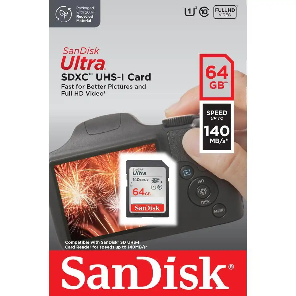 SanDisk 64GB Ultra Memory Card – UHS-I, Class 10, U1, Up to 140MB/s Read Speed