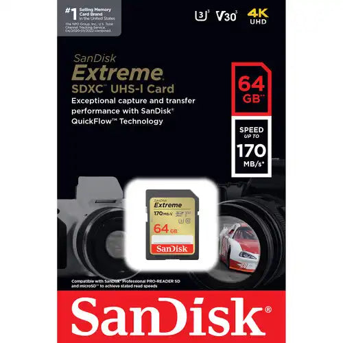 SanDisk 64GB Extreme SDXC UHS-I Memory Card – 170MB/s Read, U3, V30, 4K UHD