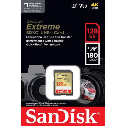 SanDisk 128GB Extreme SDXC UHS-I Memory Card – 180MB/s Read, U3, V30, 4K UHD