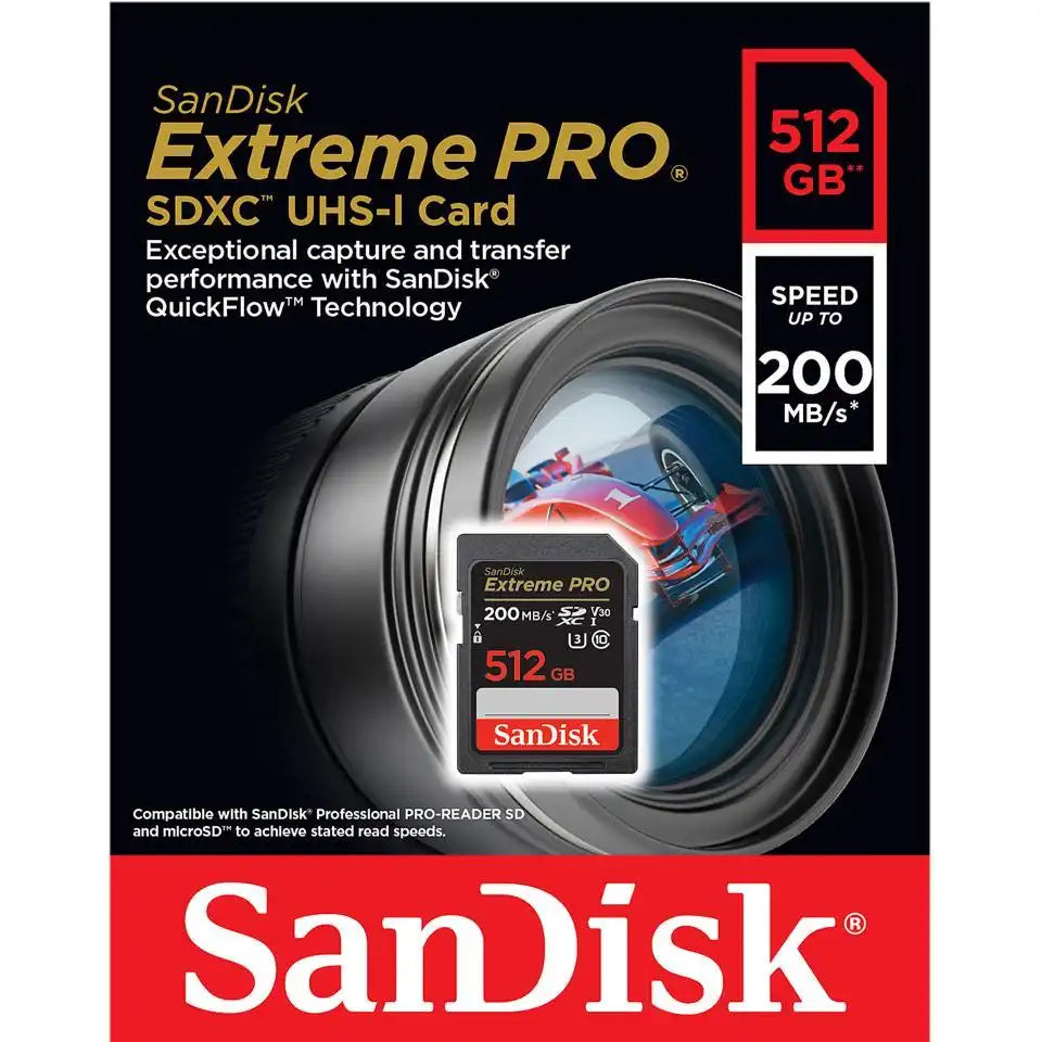 Carte mémoire SanDisk Extreme PRO SDXC UHS-I 512 Go – Lecture 200 Mo/s, U3, V30, Classe 10 (SDSDXXD-512G-GN4IN)