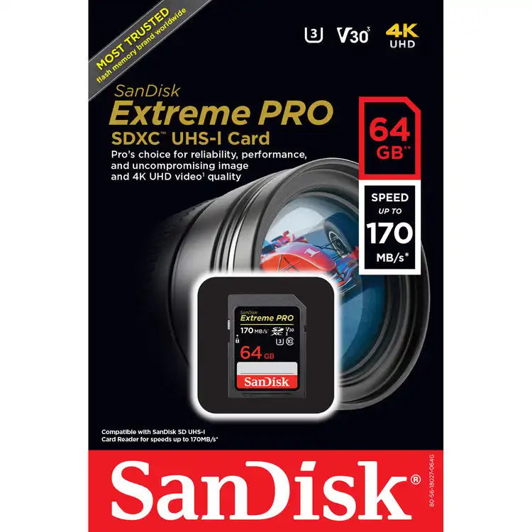 SanDisk 64GB Extreme PRO SDXC UHS-I Memory Card – 170MB/s Read, 90MB/s Write, U3, V30, Class 10