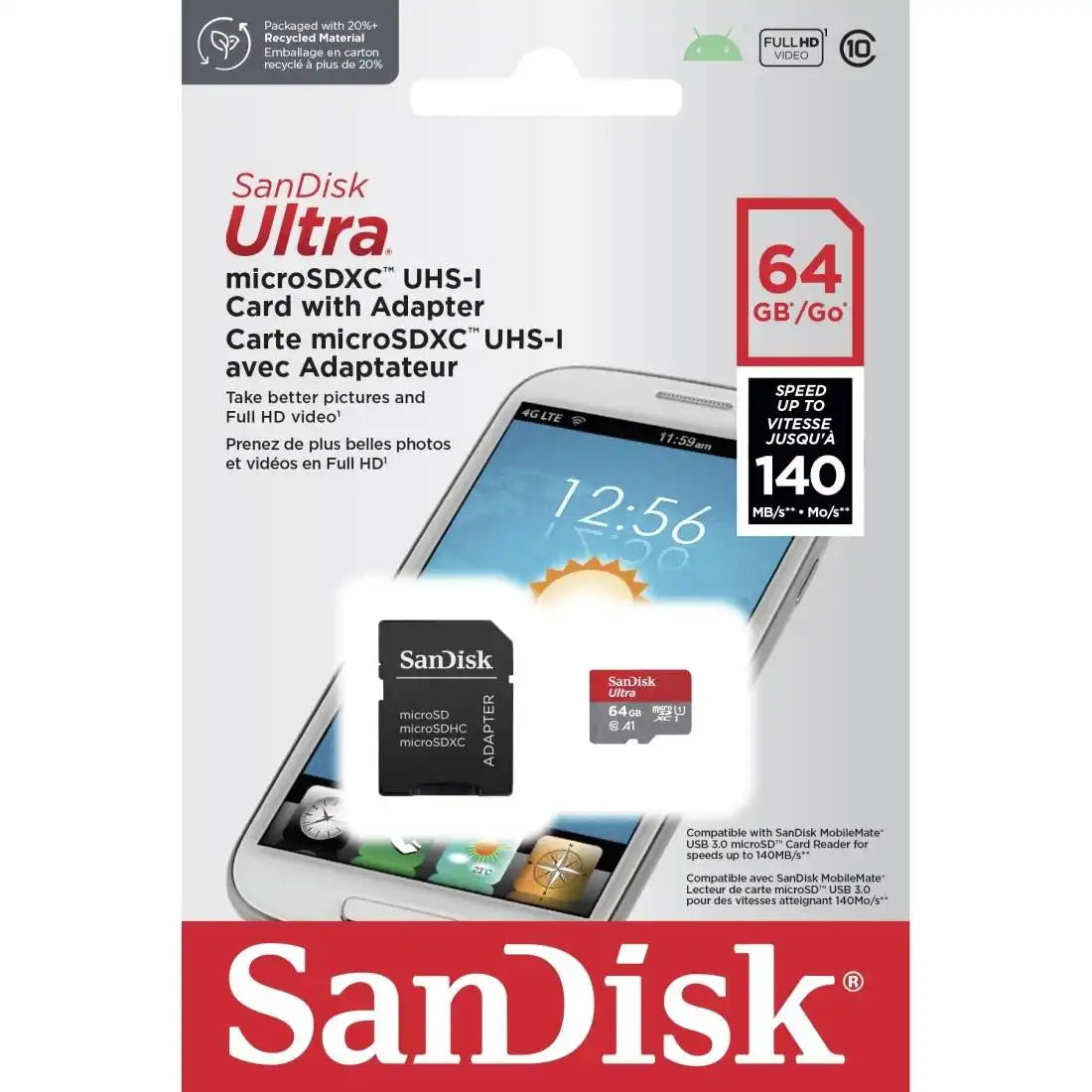 Carte microSDXC SanDisk Ultra avec adaptateur SD, 64 Go, A1, Classe 10, Lecture : 140 Mo/s, / 619659200862