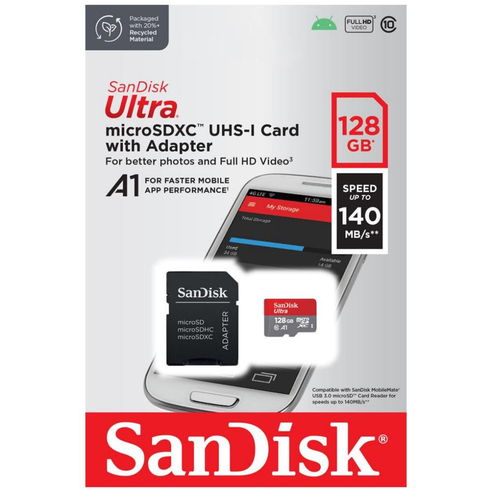 Carte micro SDXC SanDisk Ultra avec adaptateur SD, 128 Go, A1, Classe 10, Lecture : 140 Mo/s,