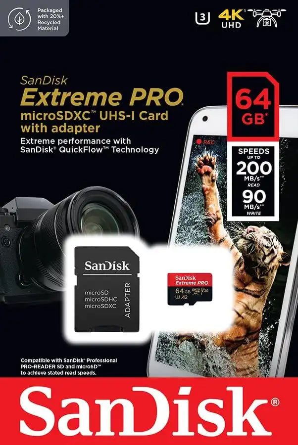 SanDisk Micro SD-XC 64GB Extreme Pro U3 V30 A2 4K R200 W90 1333X W-Adapter SDSQXCD-64G-GN6MA