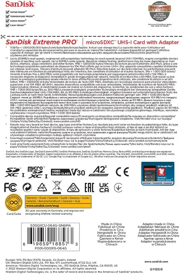 SanDisk Micro SD-XC 64GB Extreme Pro U3 V30 A2 4K R200 W90 1333X W-Adapter SDSQXCD-64G-GN6MA