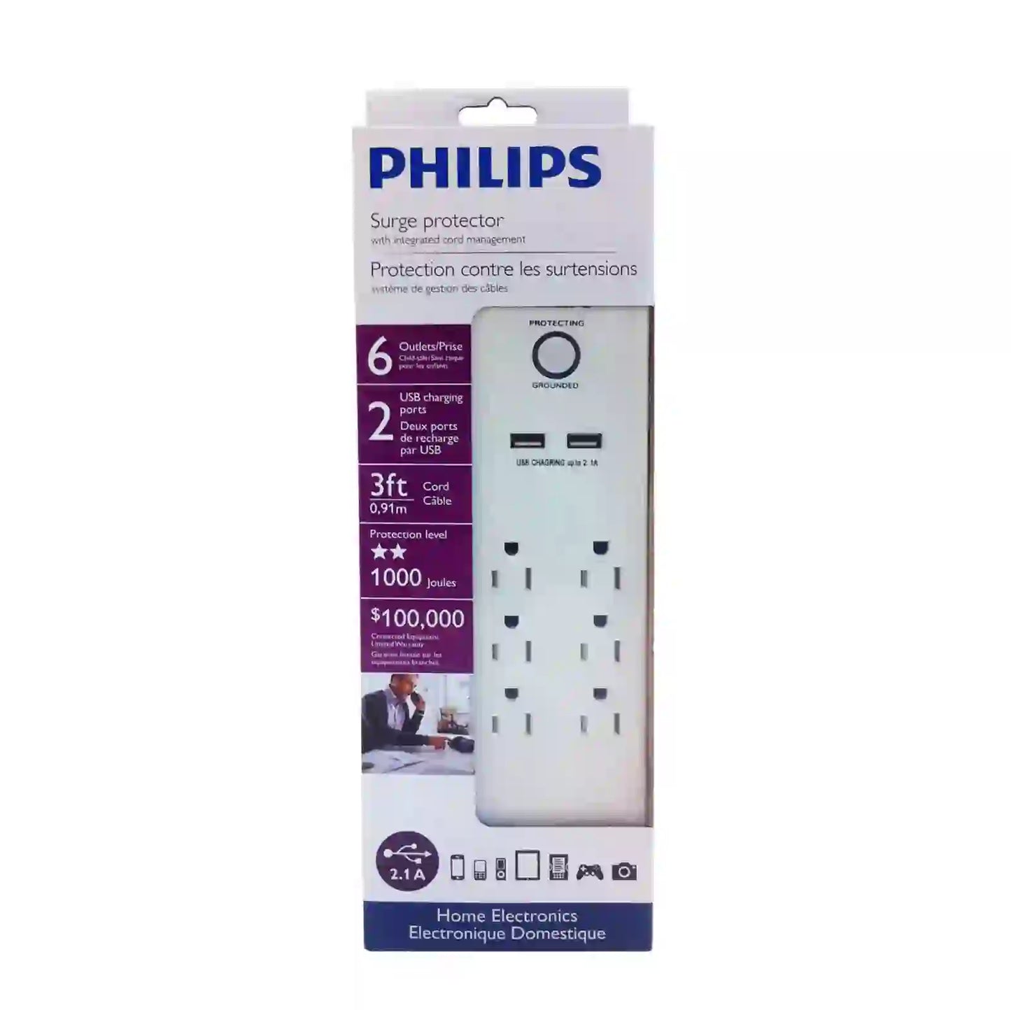 Philips Power bar with 6 Outlet 2-USB 2.1 A Port -1000 Joules -15A- 3ft / 0,91m Cord, Power Cord Management