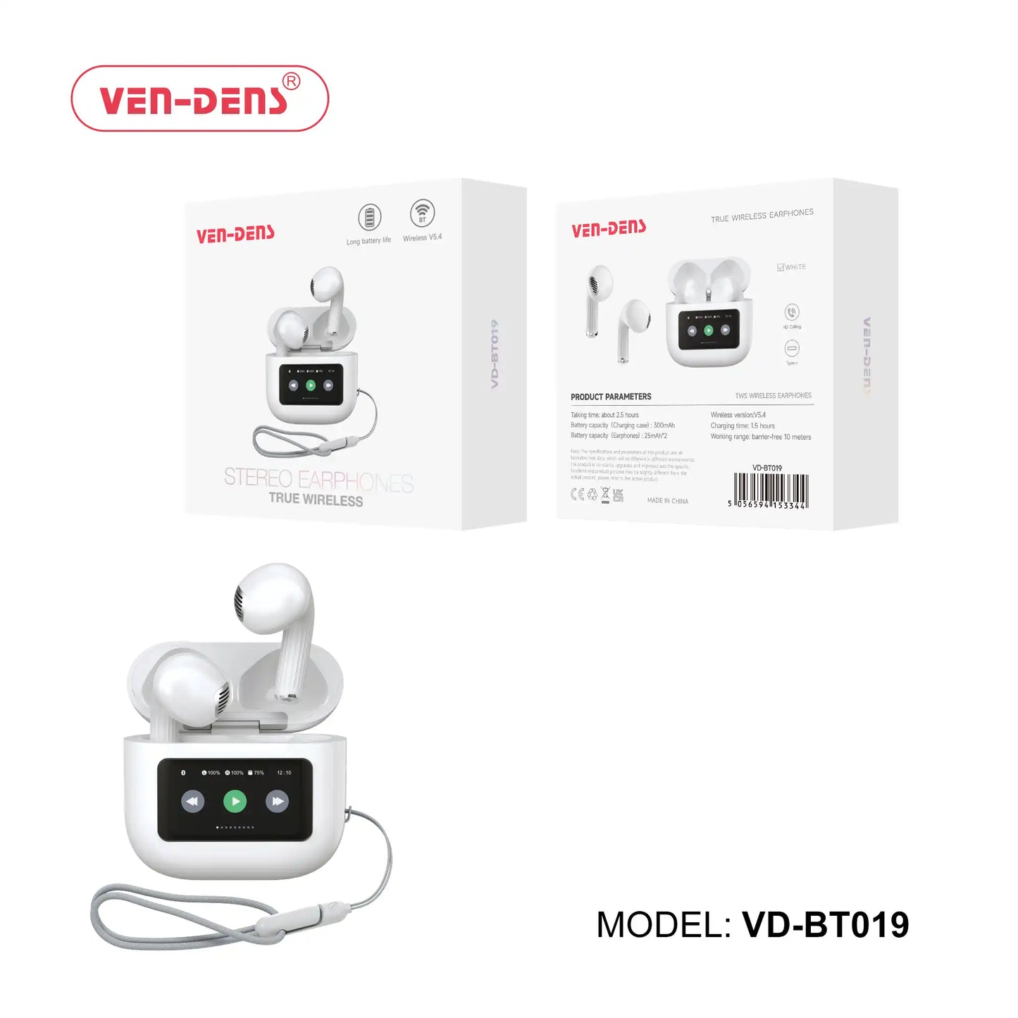 Wireless Earbuds With LED Screen - Touch Control - VD-BT019