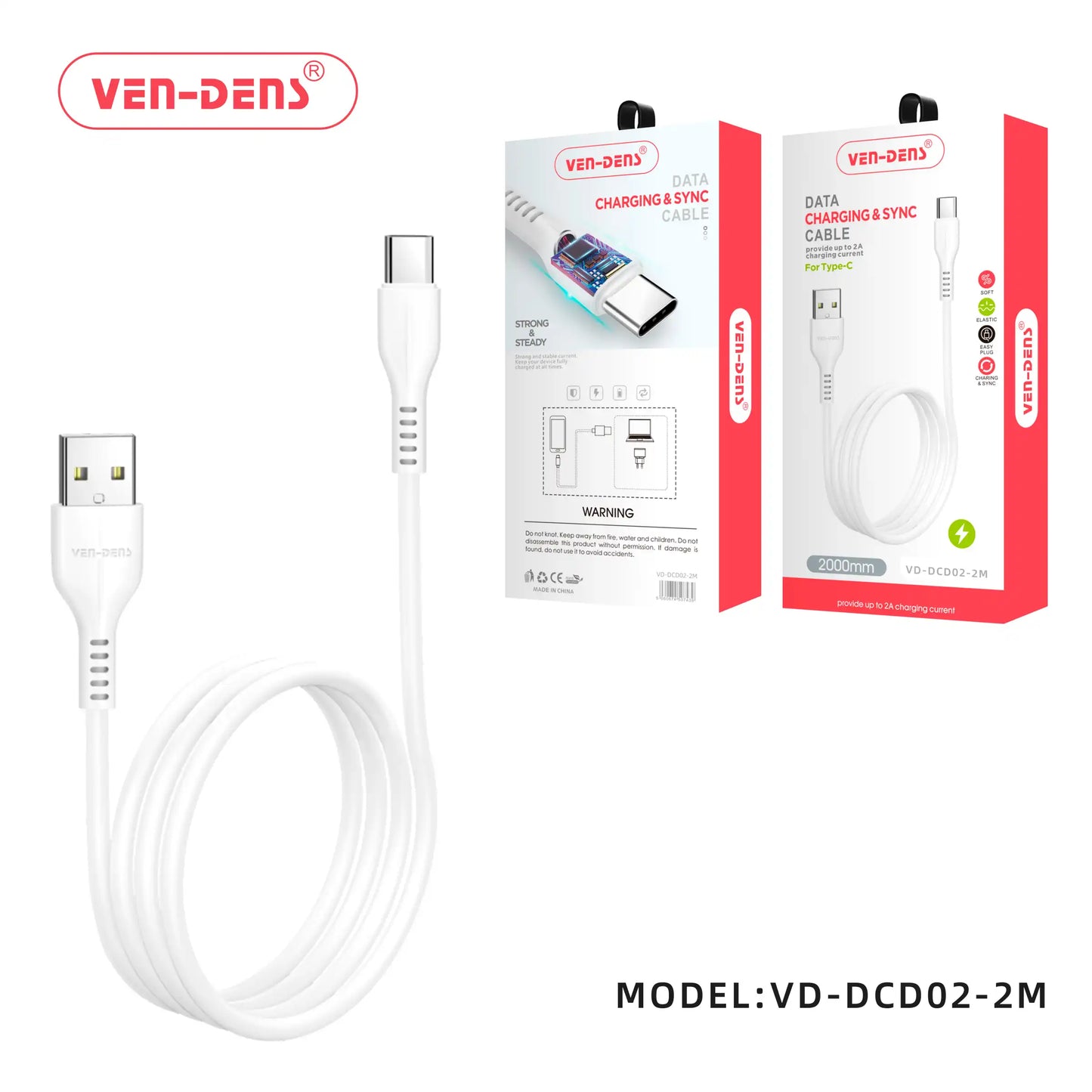 Data Cable - Type-C To USB - 2meter/6,5Ft - Model: VD-DCD02-2M