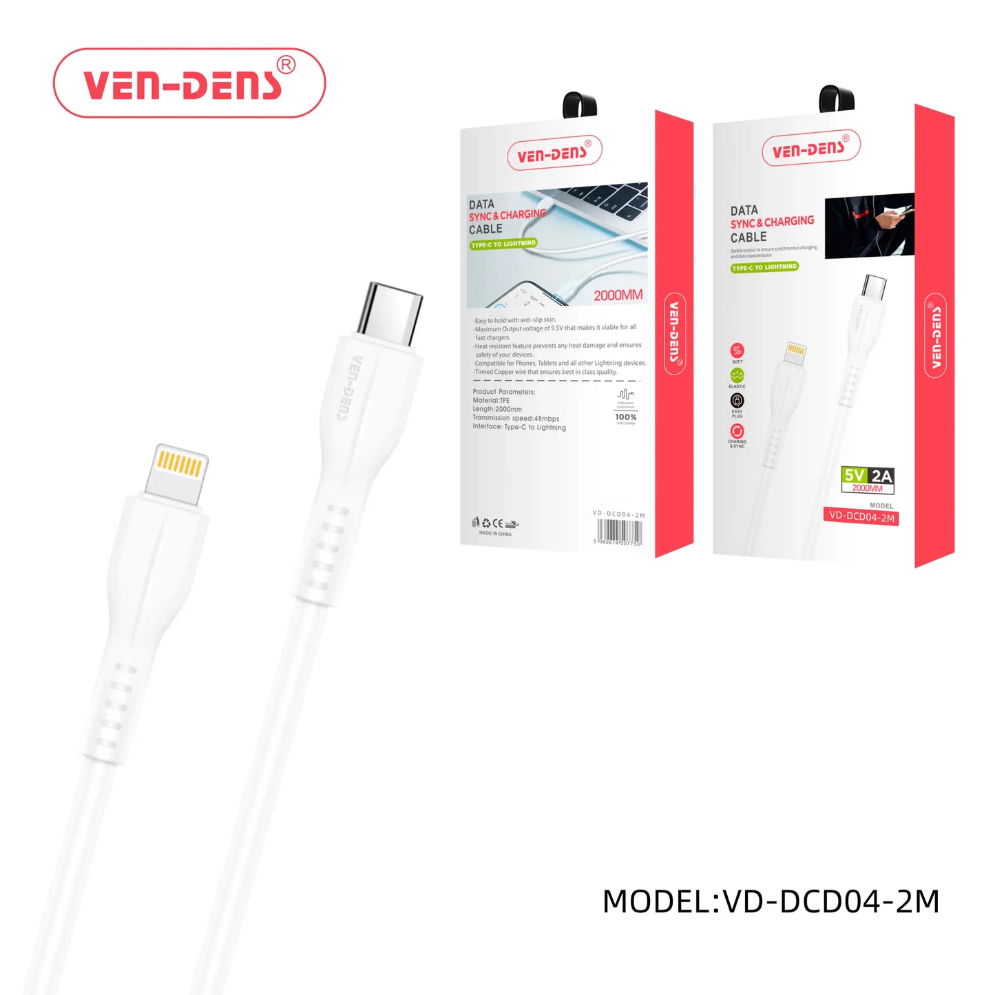 Ven-Dens Data Cable 2m ( 6,5Ft ) USB-C to Lightning -DCD04-2M