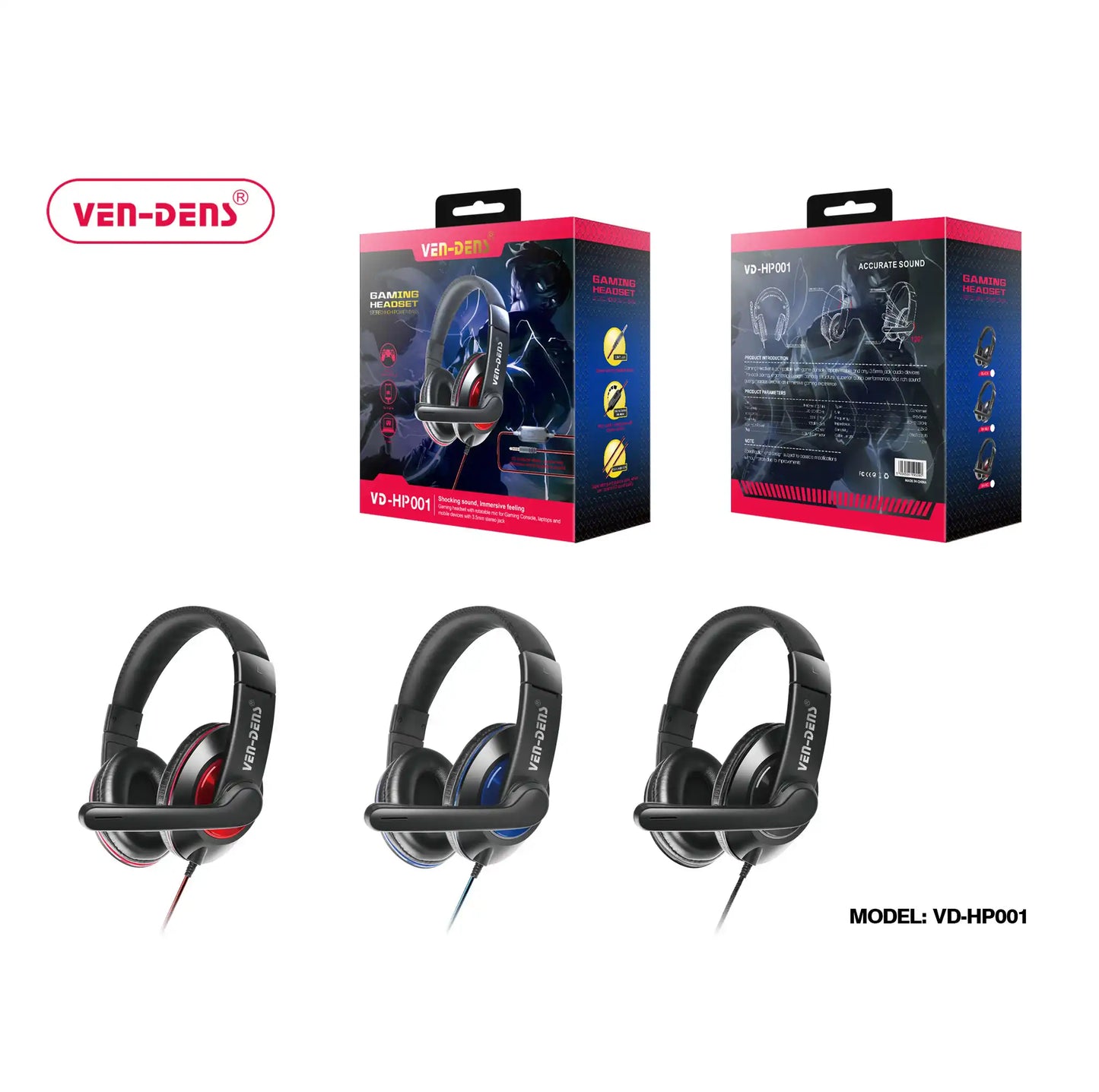 Gaming Headset - 3.5mm Audio Jack - 1.2m (3.94ft) Cable Length Model: VD-HP001R