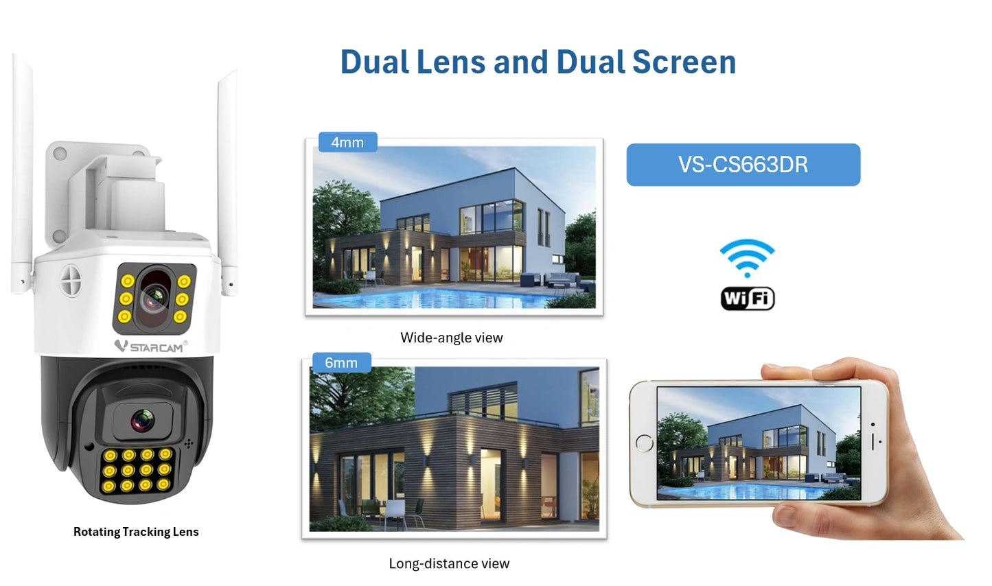 VS-CS663DR 4MP HD Dual-lens Outdoor and Indoor, Smart Security Camera, Auto Tracking 350° PTZ Wi-Fi Camera for Home Security, AI Montion Detection, 2 Way Audio, Sound & Light Alarm