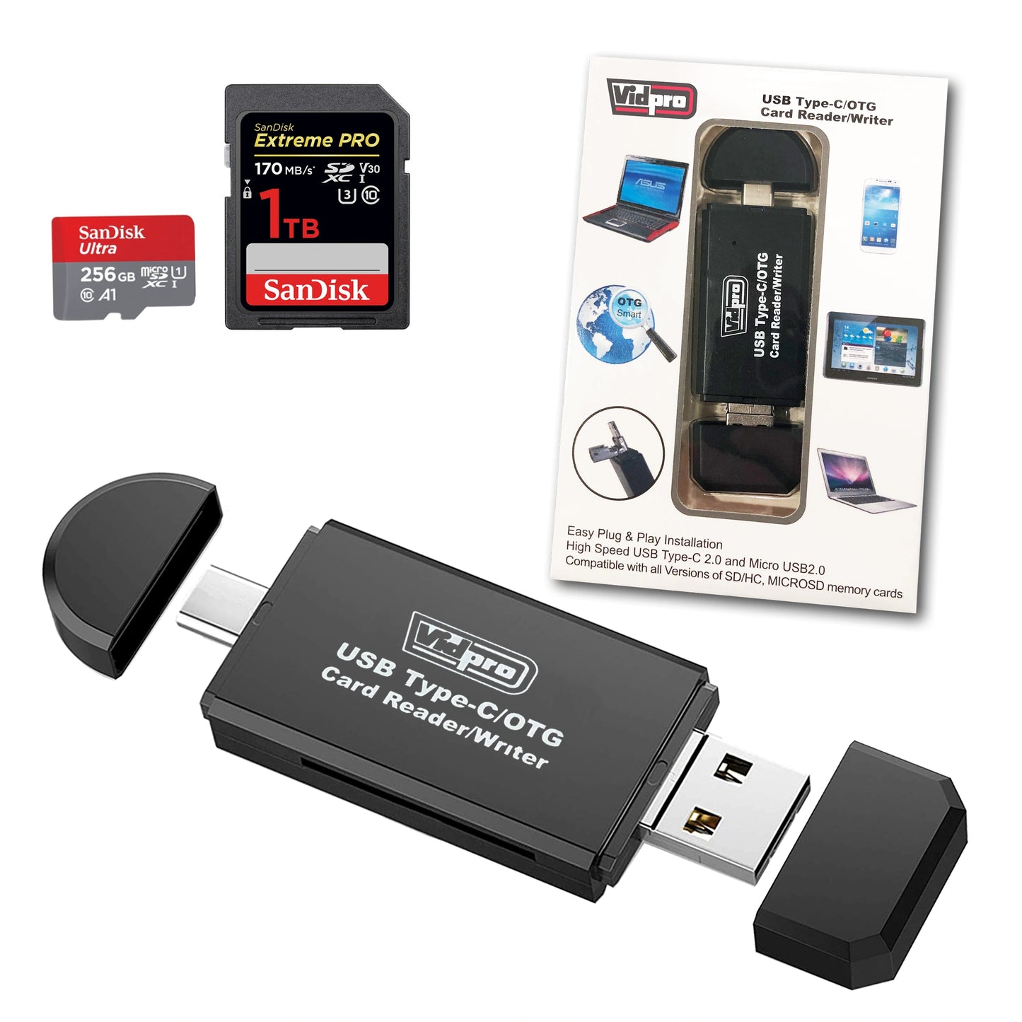 Vidpro Type-C Card Reader with USB 2.0 and Micro USB Connectors for SD MicroSD Memory Cards
