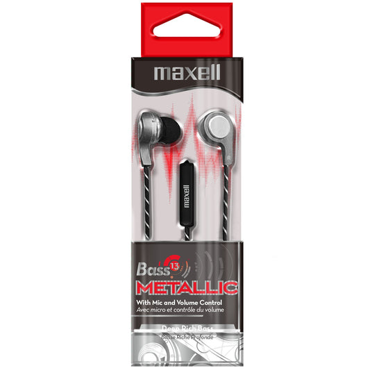 Maxell Bass 13 Metallic In-Ear Earphones with Microphone, Silver Color. - 199600