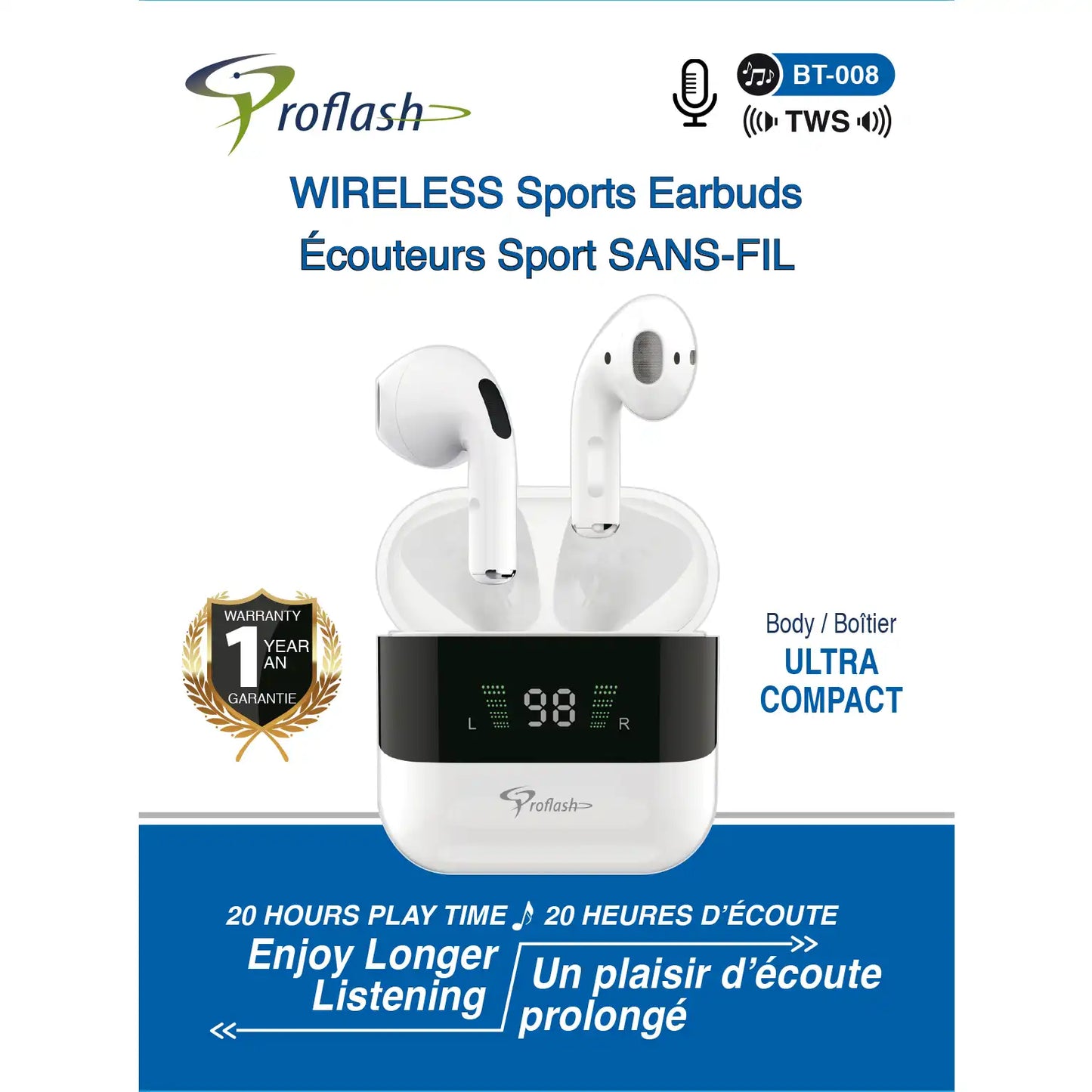 Wireless Earbuds With Battery Display, Touch Control, Mic, ANC.